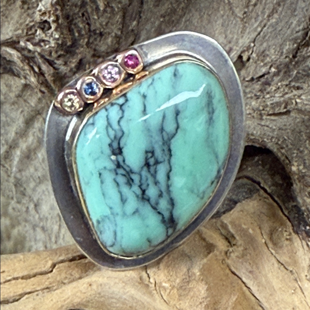 Jes Maharry “Varisite And Rainbow Sapphire Ring” New In Box.